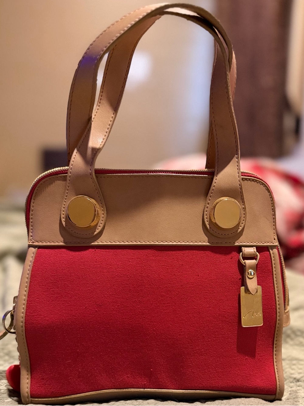 Marlo Handbags & AccesRed and Tan Mini Satchel Handbag - Polished Everyday Style